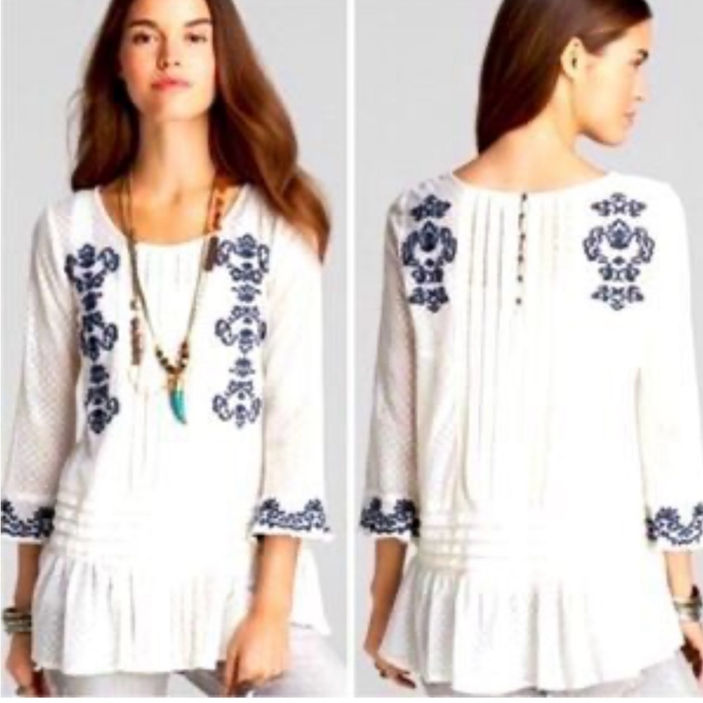 Free People Jocely’n Boho Lace Embroidered Pleated Bell Sleeves Top